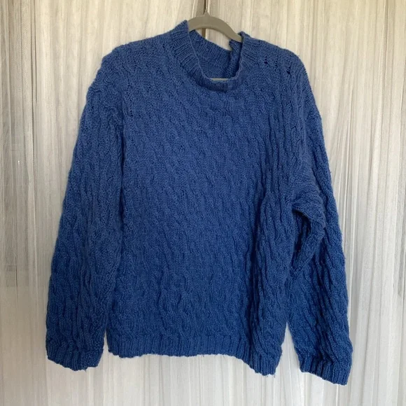 Handmade 100% wool blue chunky cable knit crew neckline pullover sweater! Sz 2XL - Picture 10 of 13